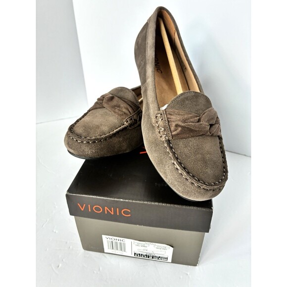 Vionic Shoes - Vionic Norah Gray Suede Moccasin Shoes Slip On Flats Bow Orthotic Womens Sz. 8.5